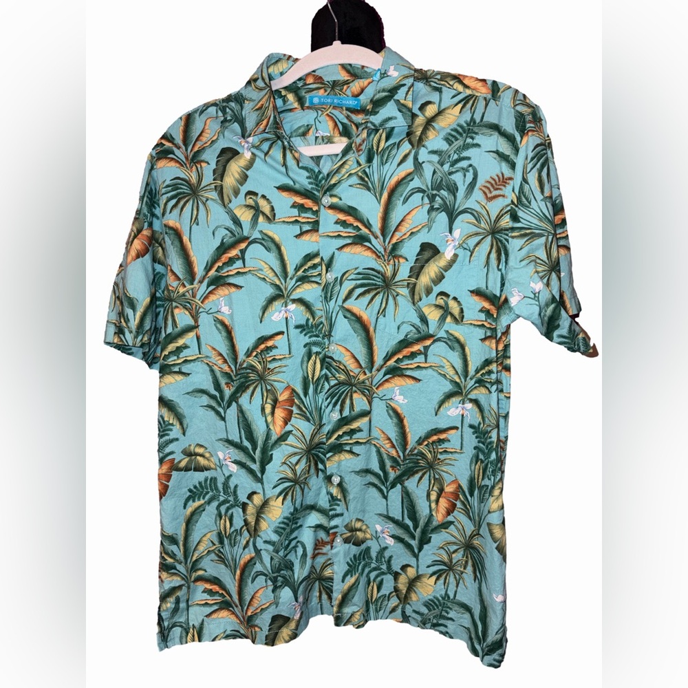 Tori Richard Aqua Palm Print Shirt Men’s M 100% Cotton Tropical Hawaiian Camp